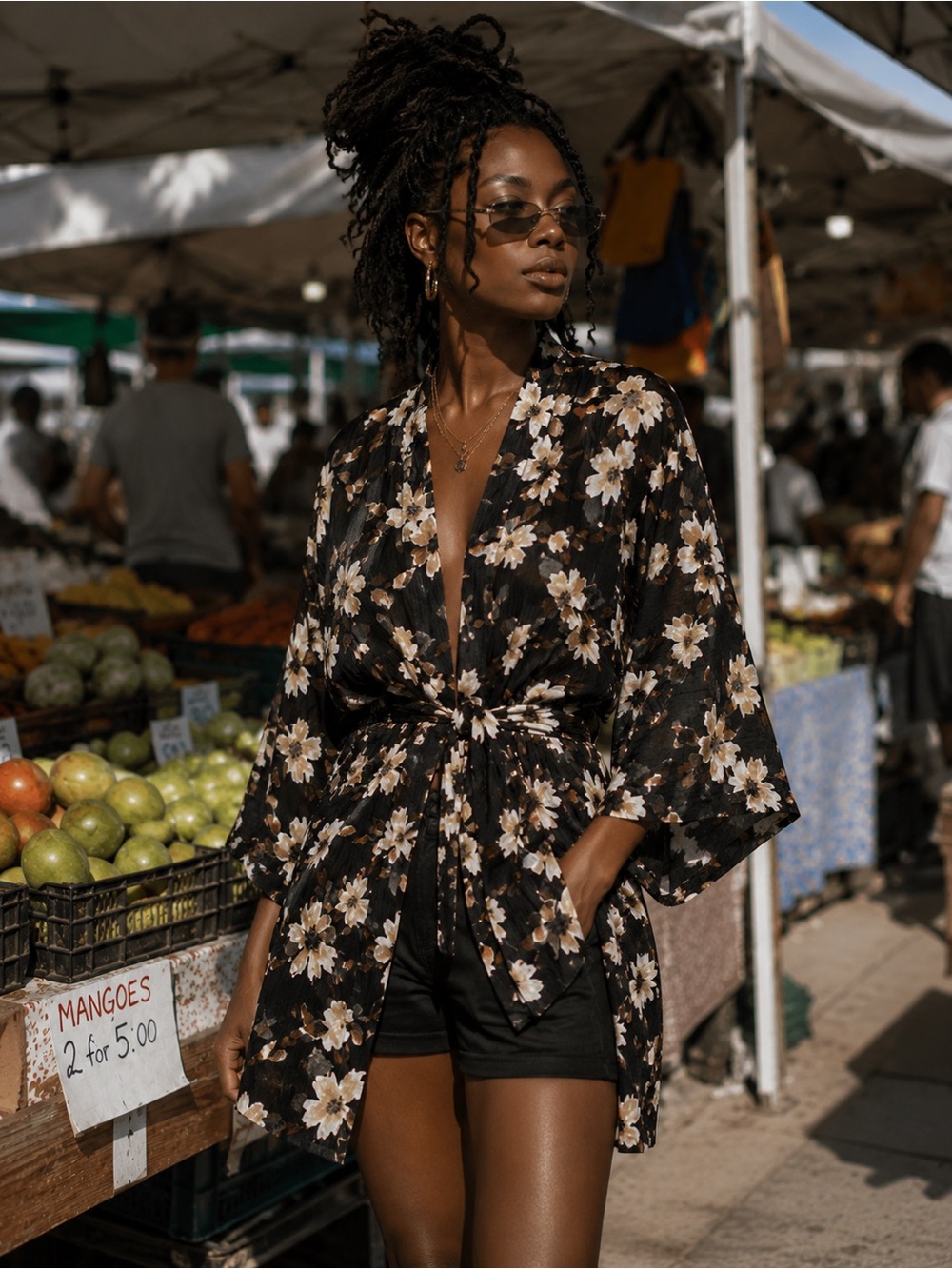 Filly Flair Black Floral Kimono with Cream & Tan Blooms